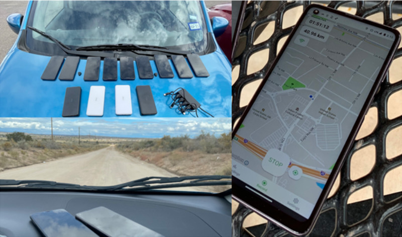 Documentation of our New Mexico measurement campaign: our nine research phones, four battery packs, and charging cables displayed on the rental car (top left); an active measurement recording outside of Albuquerque’s Indian Pueblo Cultural Center using our alpha-version Android app (right); a view of an unpaved road northwest of Albuquerque (bottom left).